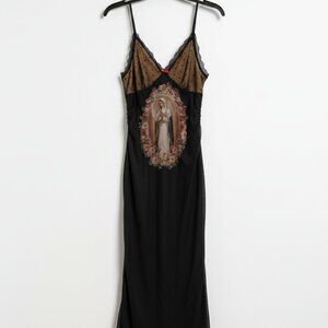 ROMWE Virgin Mary Graphic Mesh Maxi Dress - Black/Gold Gothic Coquette Large NWT